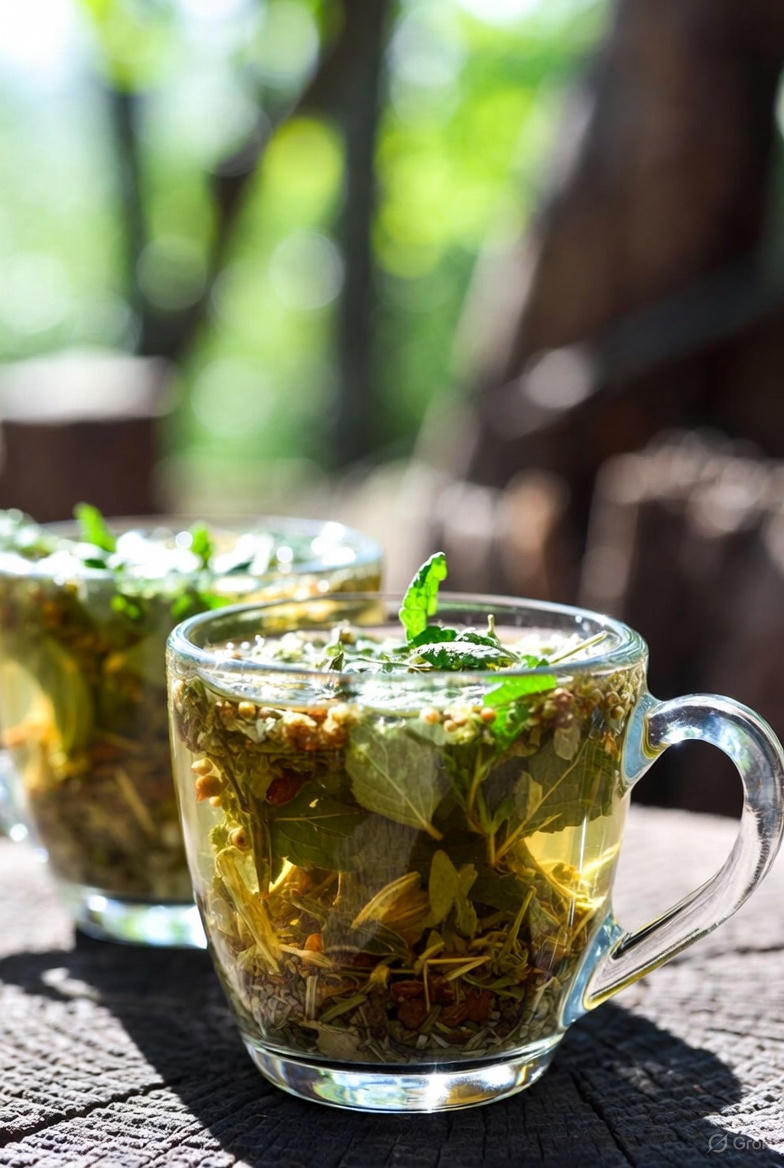 Две чашки травяного чая Мятный Баланс в естественной сибирской обстановке с мятой и травами