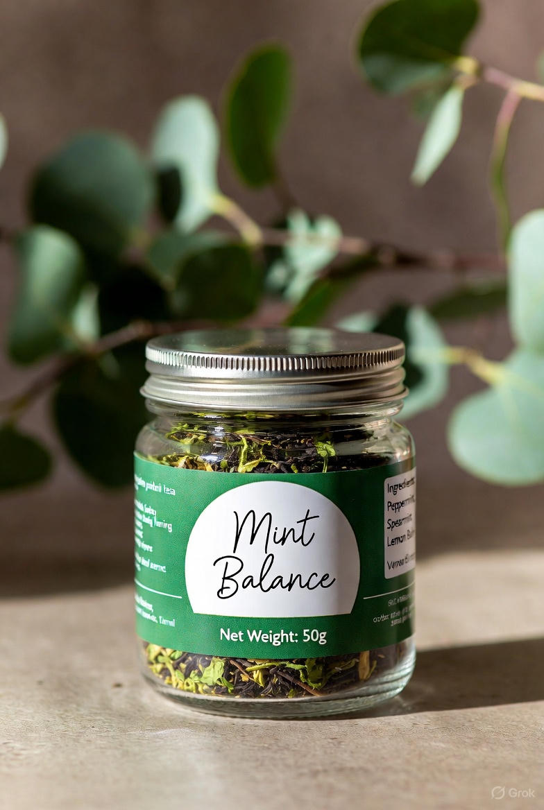 Сбор трав для чая Мятный Баланс: мята, валериана, ромашка и другие сибирские травы на деревянном фоне